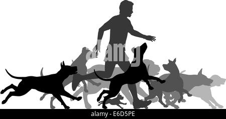 Silhouettes vecteur modifiable d'un homme et meute de chiens fonctionnant de concert avec tous les éléments en tant qu'objets séparés Illustration de Vecteur