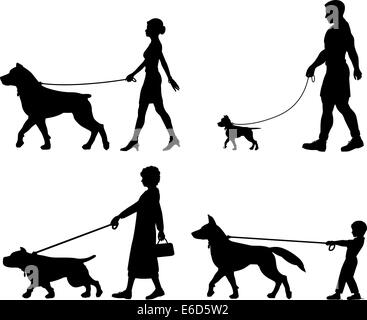 Silhouettes vecteur modifiable et les propriétaires de chiens contrastées Illustration de Vecteur