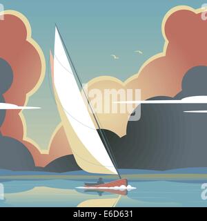 Illustration vectorielle modifiable d'un homme d'un yacht à voile sur l'eau calme Illustration de Vecteur