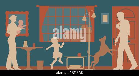Silhouettes vecteur modifiable d'un homme s'est félicité de la maison par femme, enfants et chien avec tous les chiffres en tant qu'objets séparés Illustration de Vecteur