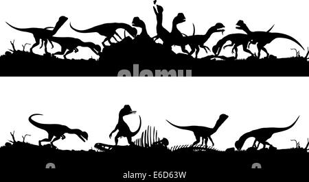 Deux silhouettes vecteur modifiable de Dilophosaurus les dinosaures se nourrissant de proies avec les dinosaures en tant qu'objets séparés Illustration de Vecteur