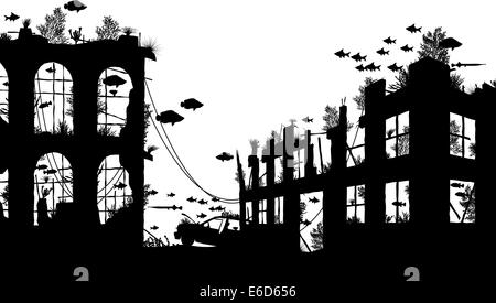 Silhouette d'avant-plan vectoriel éditable les poissons et les coraux autour des ruines de la ville sous-marine Illustration de Vecteur