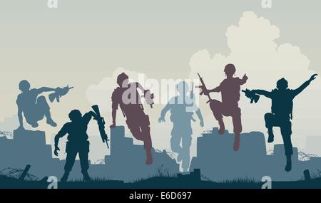 Silhouettes vecteur modifiable de soldats armés avant de charge Illustration de Vecteur