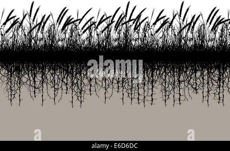Silhouette vecteur modifiable d'un pré herbeux avec racines souterraines Illustration de Vecteur