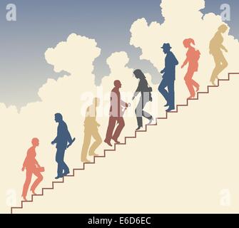 Silhouette vecteur modifiable colorés de personnes dans les escaliers contre le ciel Banque D'Images