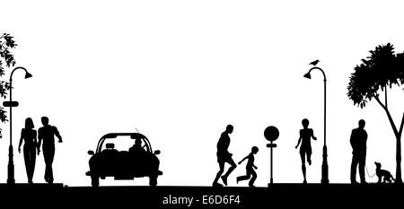 Silhouette vecteur modifiable d'une rue animée avec tous les éléments en tant qu'objets séparés Illustration de Vecteur