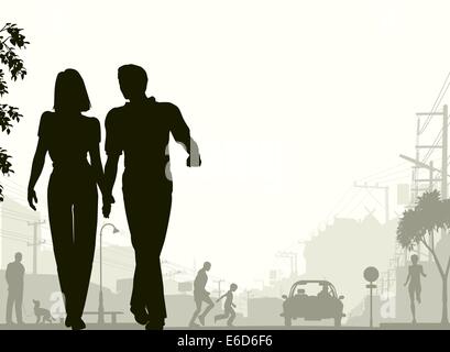 Vecteur modifiable silhouette d'un couple en train de marcher dans la rue avec tous les éléments d'ossature en tant qu'objets séparés. Illustration de Vecteur