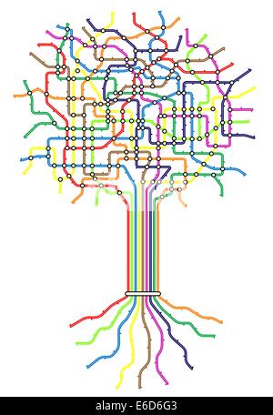 Carte du métro vecteur modifiable dans la forme d'un arbre avec facile de changer l'épaisseur de ligne et de couleurs Illustration de Vecteur