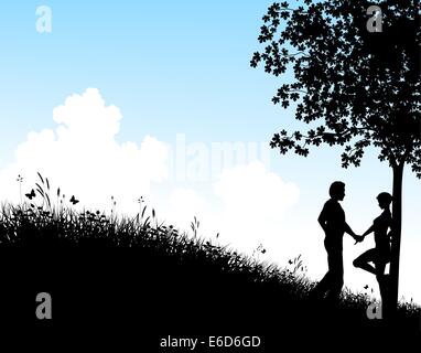 Vecteur modifiable silhouette d'un jeune couple dans un champ avec des gens, l'arbre et l'herbe comme éléments séparés Illustration de Vecteur