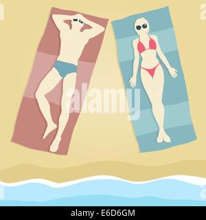 Illustration vectorielle modifiable d'un homme et une femme en train de bronzer sur des serviettes de plage Illustration de Vecteur