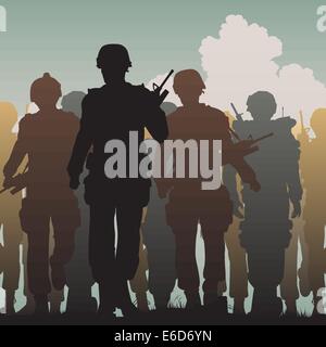 Silhouettes vecteur modifiable de soldats armés marcher ensemble Illustration de Vecteur