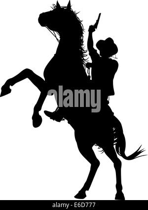Silhouette vecteur modifiable d'un tir d'un pistolet de cow-boy sur un cheval d'élevage Illustration de Vecteur