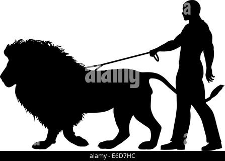 Editable vector silhouette d'un homme à un lion en laisse Illustration de Vecteur