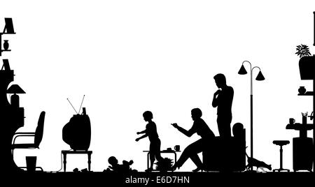 Silhouette d'avant-plan d'une famille dans un salon avec tous les éléments comme des objets modifiables Illustration de Vecteur