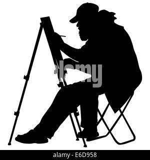 Silhouette, artiste au travail sur un fond blanc, illustration. Banque D'Images