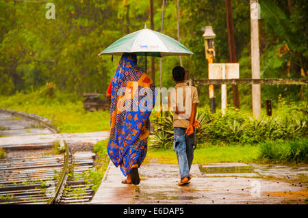 Sri Lanka, district d'Anuradhapura, Kalawewa, femme cinghalaises et son fils marche à travers la pluie de mousson Banque D'Images