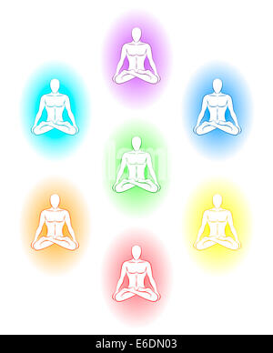 Yoga méditation avec différentes auras du corps subtil d'un homme. Banque D'Images