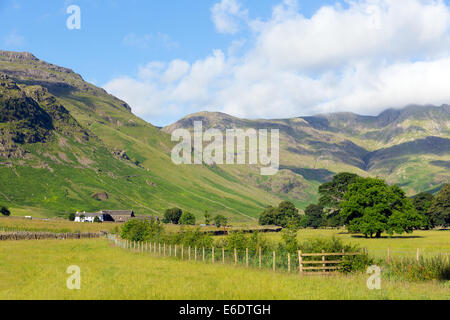 La vallée de Langdale Pike Lake District Cumbria de Blisco Mountain près de Old Dungeon Ghyll England UK en été, ciel bleu et nuages Banque D'Images