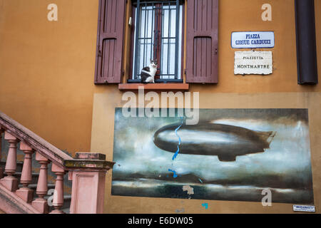 Siège d'un chat sur une fenêtre en italien ville Dozza, Emilia-Romagna, Italie, connu pour les murs des peintures murales Banque D'Images