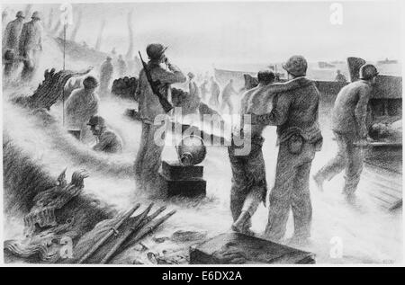 US Marines blessés d'être escorté hors de l'Île à la terre Engebi de Plaisance pour transfert à l'Infirmerie pour le traitement, l'Illustration, 1944 Banque D'Images