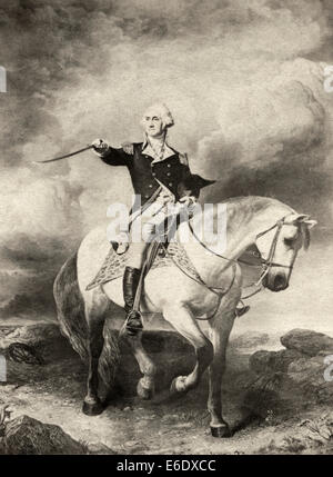 Le général George Washington à cheval avec l'épée pendant la bataille de Trenton , 1776 Gravure de William Holl circa 1860's Banque D'Images