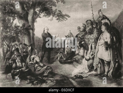 John Wesley prêchant aux Indiens, illustration Banque D'Images