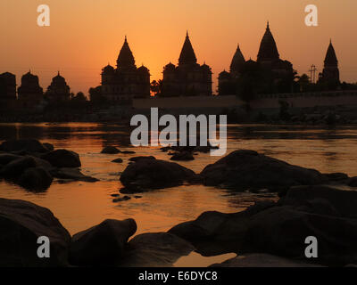 Chhatris sur la rive de la rivière Betwa à Orchha, le Madhya Pradesh, région Bundelkhand, l'Inde, l'Asie dans le coucher du soleil Banque D'Images