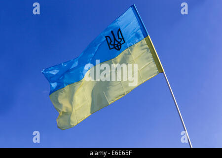 Pavillon ukrainien battant au gré du vent avec un trident, un symbole national de l'Ukraine Banque D'Images