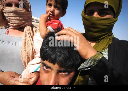 De Zakho, Iraq. 22 août, 2014. Les réfugiés qui fuient les yazidis militants est dans un camp de réfugiés à Zakho. Des milliers de Yézidis ont du mal à vivre avec un système d'eau, qui est également utilisée pour la baignade et la consommation. Les camions de l'eau fournir de l'eau pour le camp mais l'eau pichets et bouteilles sont sales et il y a un sérieux manque d'un assainissement correct. © Gail Orenstein/ZUMA/Alamy Fil Live News Banque D'Images