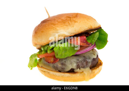 Cheeseburger avec bacon servi dans un petit pain brioché - studio photo avec un fond blanc Banque D'Images