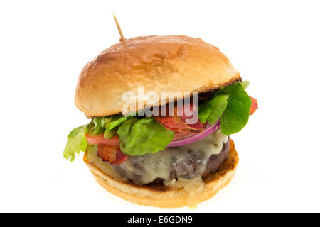 Cheeseburger avec bacon servi dans un petit pain brioché - studio photo avec un fond blanc Banque D'Images