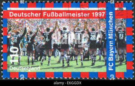 Allemagne - circa 1997 : timbre-poste imprimé en Allemagne, présente le FC Bayern Munchen, 1997 Champions de football allemand, vers 1997 Banque D'Images