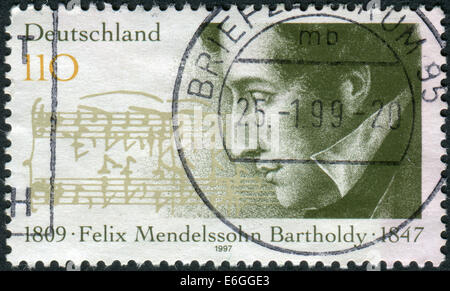 Allemagne - circa 1997 : timbre-poste imprimé en Allemagne, indique le compositeur Felix Mendelssohn-Bartholdy, vers 1997 Banque D'Images