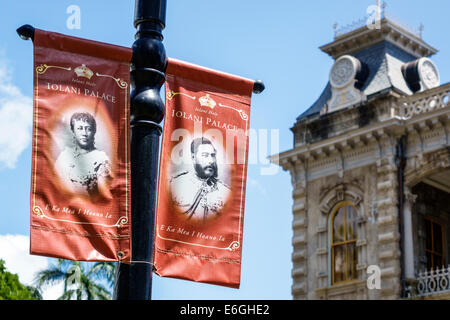 Honolulu Hawaii,Oahu,Hawaiian,Iolani Palace,terrain,bannières,King David Kalakaua portrait,queen Lydia Kamakaeha Liliuokalani,USA,US,Etats-Unis,Ameri Banque D'Images