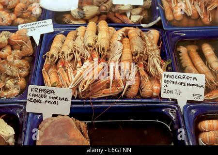 Des fruits de mer à vendre à une poissonnerie de Stora Saluhallen, le plus grand marché couvert de Göteborg, Suède. Banque D'Images