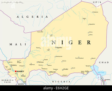 Carte politique du Niger à Niamey, capitale des frontières nationales, la plupart des grandes villes, rivières et lacs. L'étiquetage en anglais. Banque D'Images