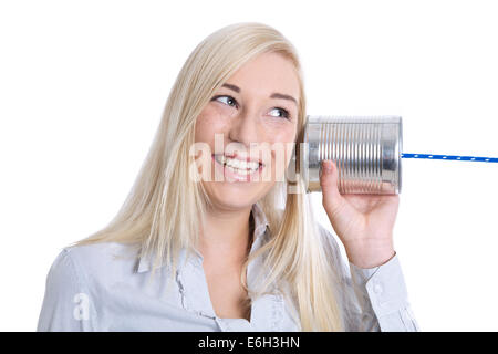 Concept de communication ou de publicité : young smiling business isolés femme appelant à l'ordinaire. Banque D'Images