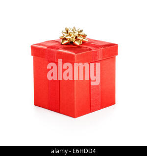 Boîte-cadeau avec du ruban d'or. Thème de Noël. Objet isolé sur fond blanc. Chemin de détourage. Banque D'Images