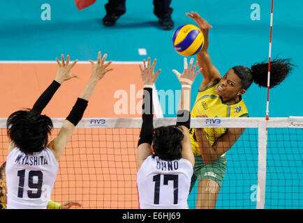 Tokyo, Japon. 24 août, 2014. Fernanda Rodrigues (R) du Brésil les crampons la balle contre le Japon lors de la dernière série de match de Volleyball FIVB World Grand Prix 2014 à Tokyo, Japon, le 24 août, 2014. Credit : Stringer/Xinhua/Alamy Live News Banque D'Images