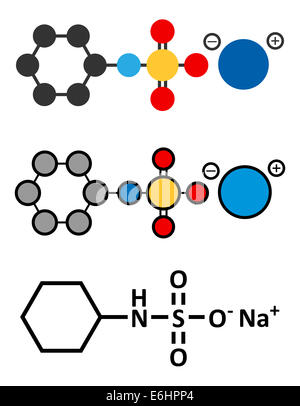 Le cyclamate de sodium édulcorant molécule. Les rendus 2D stylisée et conventionnelle formule topologique. Banque D'Images