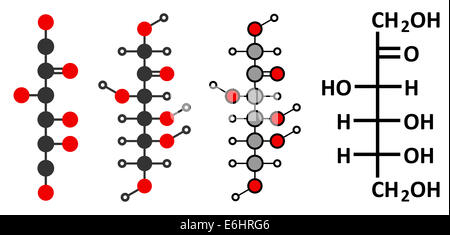 D-fructose le fructose (sucre de fruit) molécule. L'Organe sirop de maïs à haute teneur en fructose (HFCS). Les rendus 2D stylisée et conventiona Banque D'Images
