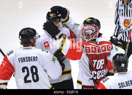 Trinec, République tchèque. 23 août, 2014. 2ème tour du groupe E de la Ligue des champions de hockey sur glace Ocelari Trinec vs Oilers de Stavanger à Trinec, en République tchèque le 23 août 2014. Les joueurs de Stavanger célébrer un but des Oilers. Photo : CTK/Alamy Live News Banque D'Images