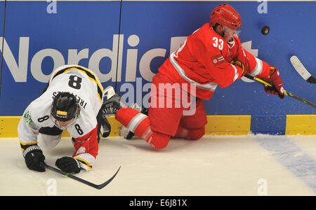 Trinec, République tchèque. 23 août, 2014. 2ème tour du groupe E de la Ligue des champions de hockey sur glace Ocelari Trinec vs Oilers de Stavanger à Trinec, en République tchèque le 23 août 2014. Mathias Trettenes de Stavanger Oilers (à gauche) et Adam Rufer de Trinec. Photo : CTK/Alamy Live News Banque D'Images