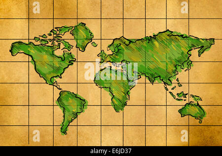 Carte du monde croquis aquarelle sur papier vert vieux grille Banque D'Images