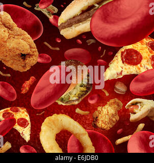 Cholestérol élevé concept médical avec un vaisseau sanguin de l'artère bloquée ou qui est colmaté par des aliments malsains comme les hamburgers et les fritures comme un risque pour la santé ou les régimes et les problèmes de nutrition que de manger des matières grasses. Banque D'Images