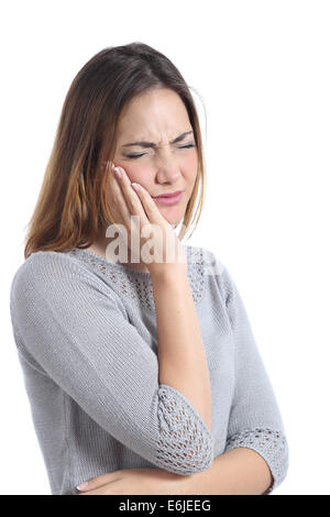 Femme souffrant de dents avec la main sur le visage isolé sur fond blanc Banque D'Images