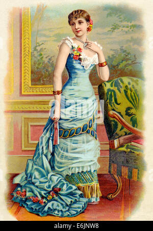 Dame victorienne 1890 chromolithographie d'une dame à la mode habillé pour une soirée dans une robe fine Banque D'Images