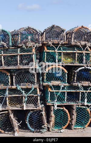 Des casiers à homard sur le quai. Banque D'Images