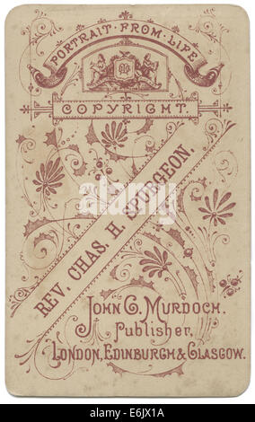 L'arrière de la c1882 Carte de visite (CDV) portrait de carte Londres célèbre ministre Charles Haddon Spurgeon par John G. Murdoch. Banque D'Images