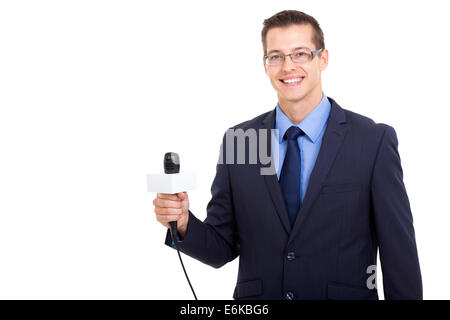 Portrait du jeune journaliste professionnel sur fond blanc Banque D'Images